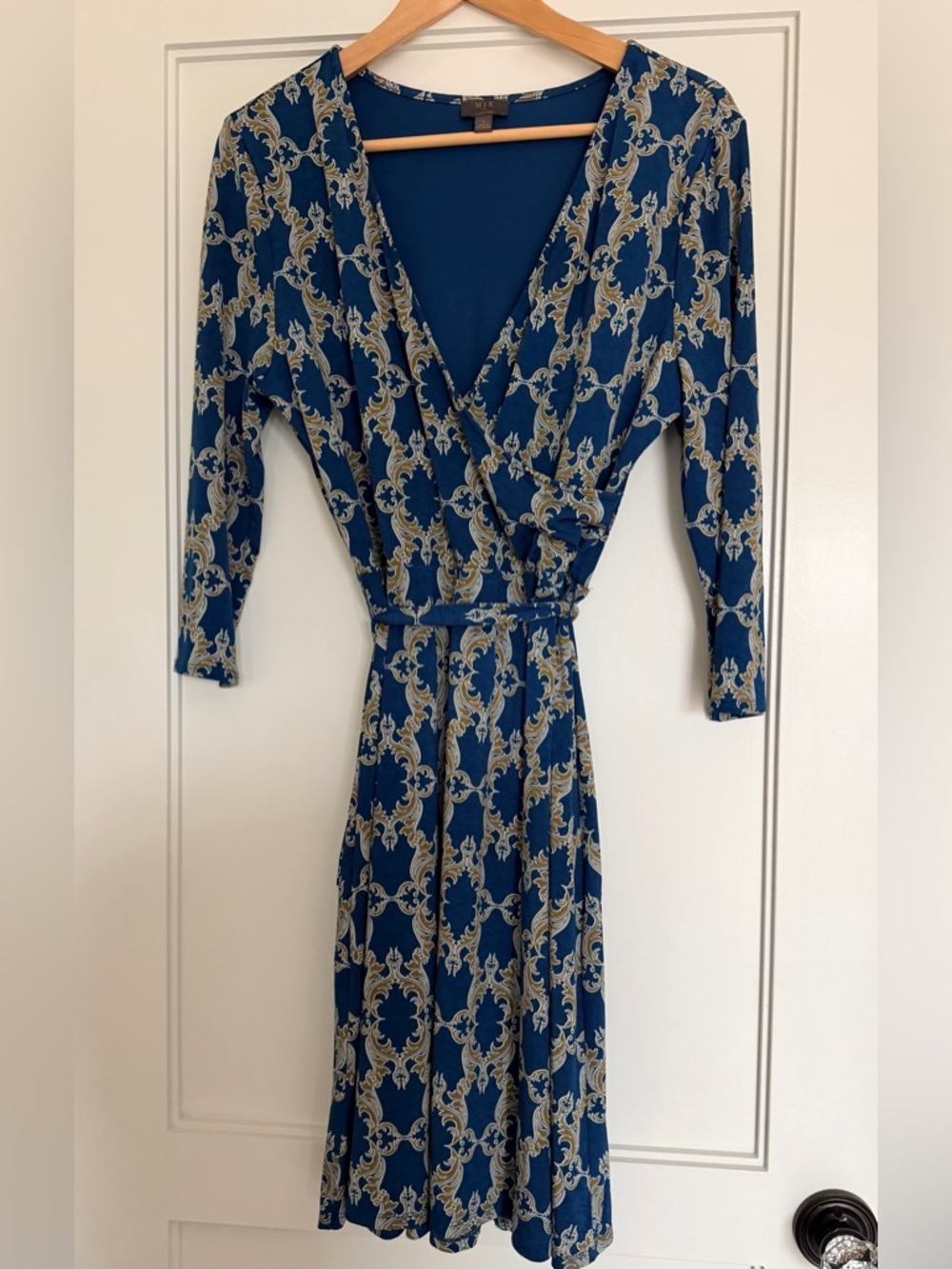 41 Hawthorn Navy Blue and Gold Printed Wrap Dress